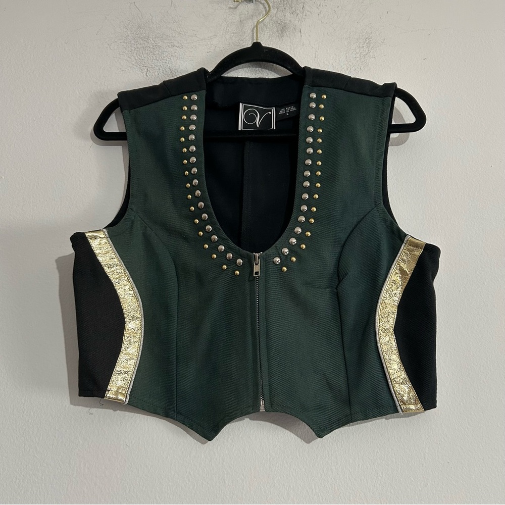 Vintage Green Structured Vest Gold Studded Ren Faire Rodeo Western Cowgirl